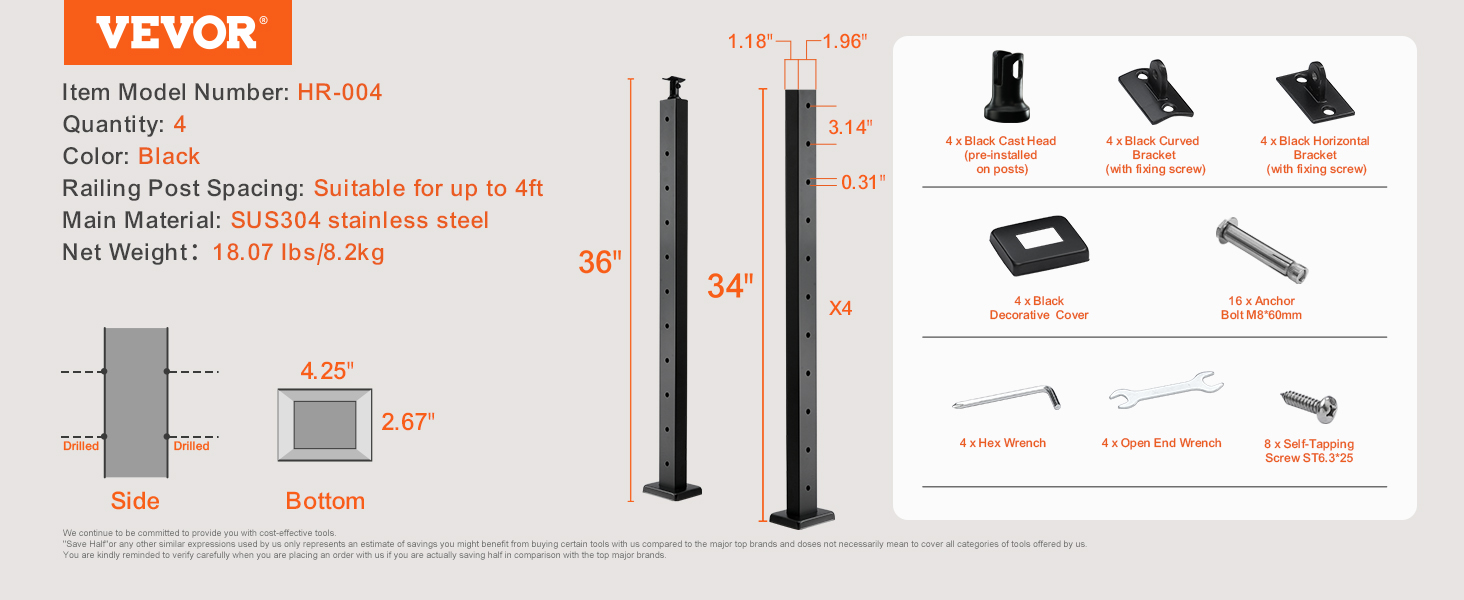 Vevor Pack Cable Railing Post X X Steel Horizontal Hole