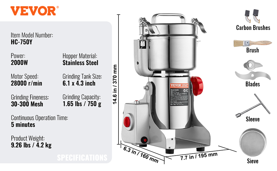 Moulin à épices commercial VEVOR 750g Moulin à grains électrique haute