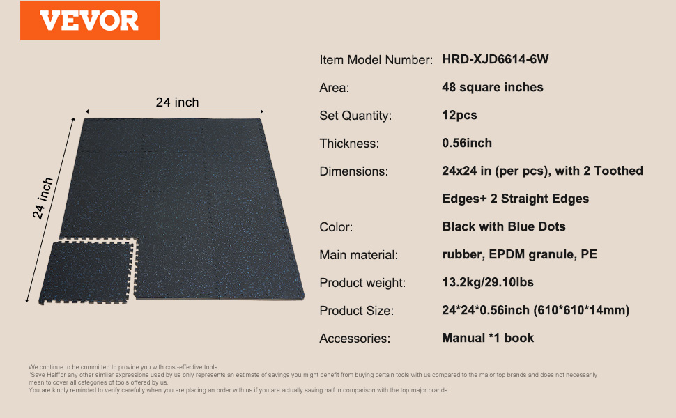 VEVOR 0.56 Inch 25 Tiles Rubber Top with EVA Foam Thick Floor Mats 24/48/100 sq.ft Coverage Interlocking Puzzle for Gym Home VEVOR 0.56 Inch 25 Tiles Rubber Top with EVA Foam Thick Floor Mats 24/48/100 sq.ft Coverage Interlocking Puzzle for Gym Home