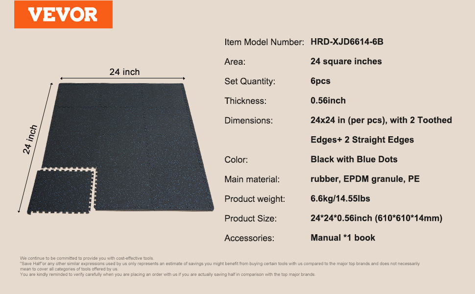 VEVOR 0.56 Inch 25 Tiles Rubber Top with EVA Foam Thick Floor Mats 24/48/100 sq.ft Coverage Interlocking Puzzle for Gym Home VEVOR 0.56 Inch 25 Tiles Rubber Top with EVA Foam Thick Floor Mats 24/48/100 sq.ft Coverage Interlocking Puzzle for Gym Home