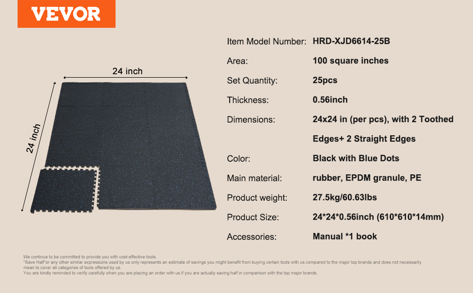 VEVOR 0.56 Inch 25 Tiles Rubber Top with EVA Foam Thick Floor Mats 24/48/100 sq.ft Coverage Interlocking Puzzle for Gym Home VEVOR 0.56 Inch 25 Tiles Rubber Top with EVA Foam Thick Floor Mats 24/48/100 sq.ft Coverage Interlocking Puzzle for Gym Home