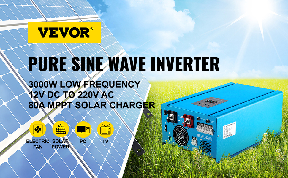 VEVOR 3000W Peak 9000W 12V Pure Sine Wave Power Inverter 80A Charger