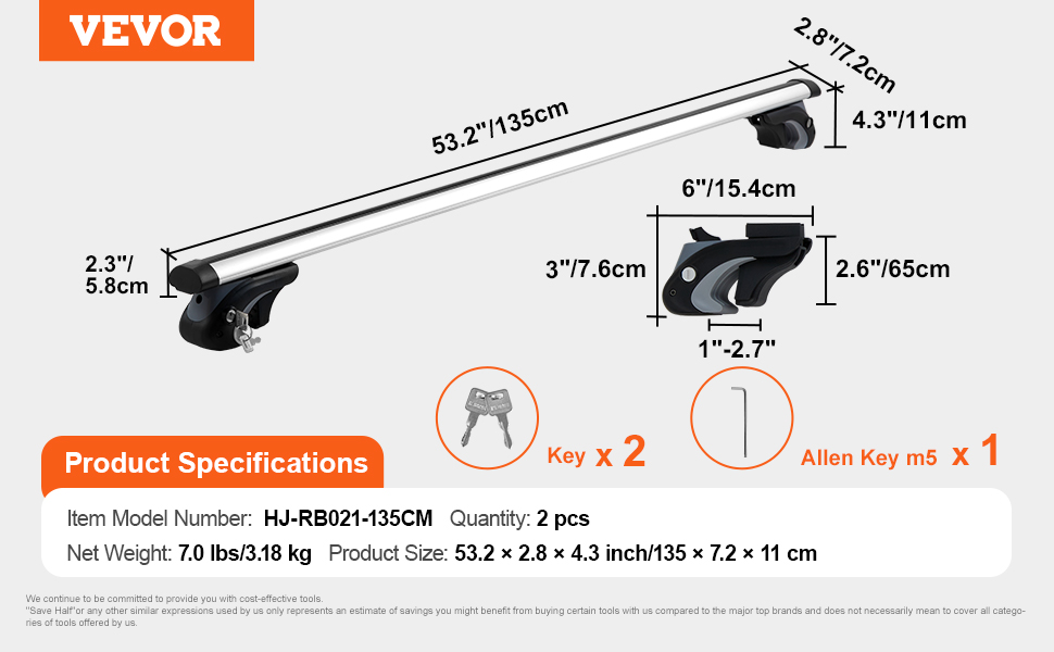 VEVOR Universal Roof Rack Crossbar 53 2 Length For Vehicle W Raised