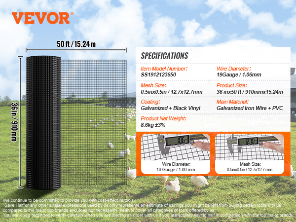 VEVOR Hardware Cloth 36 X 50 Galvanized Wire Mesh Roll 19 Gauge