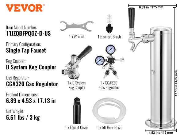 VEVOR Kegerator Tower Kit Single Tap Beer Conversion Kit Stainless