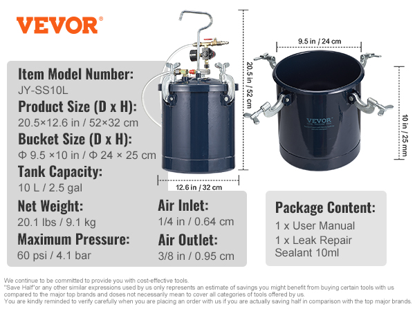 VEVOR Tanque de presión de pintura en aerosol 10 L 2 5 gal bote de