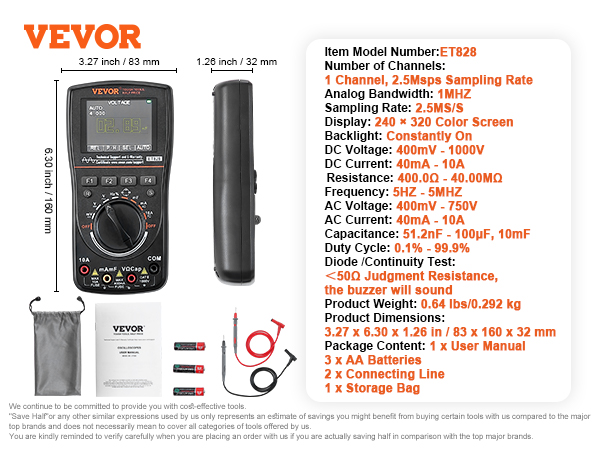 VEVOR Oscilloscope Numérique Multimètre 2 en 1 Portable Taux d