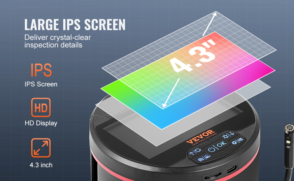 VEVOR Cámara endoscópica de triple lente VEVOR con pantalla IPS de 4 3