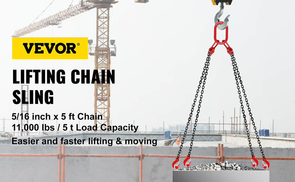 VEVOR 5Ft Chain Sling 5/16 Inch X 5 Ft Engine Lift Chain G80 Alloy Steel Engine  Chain Hoist Lifts 3 Ton with 4 Leg Grab Hooks