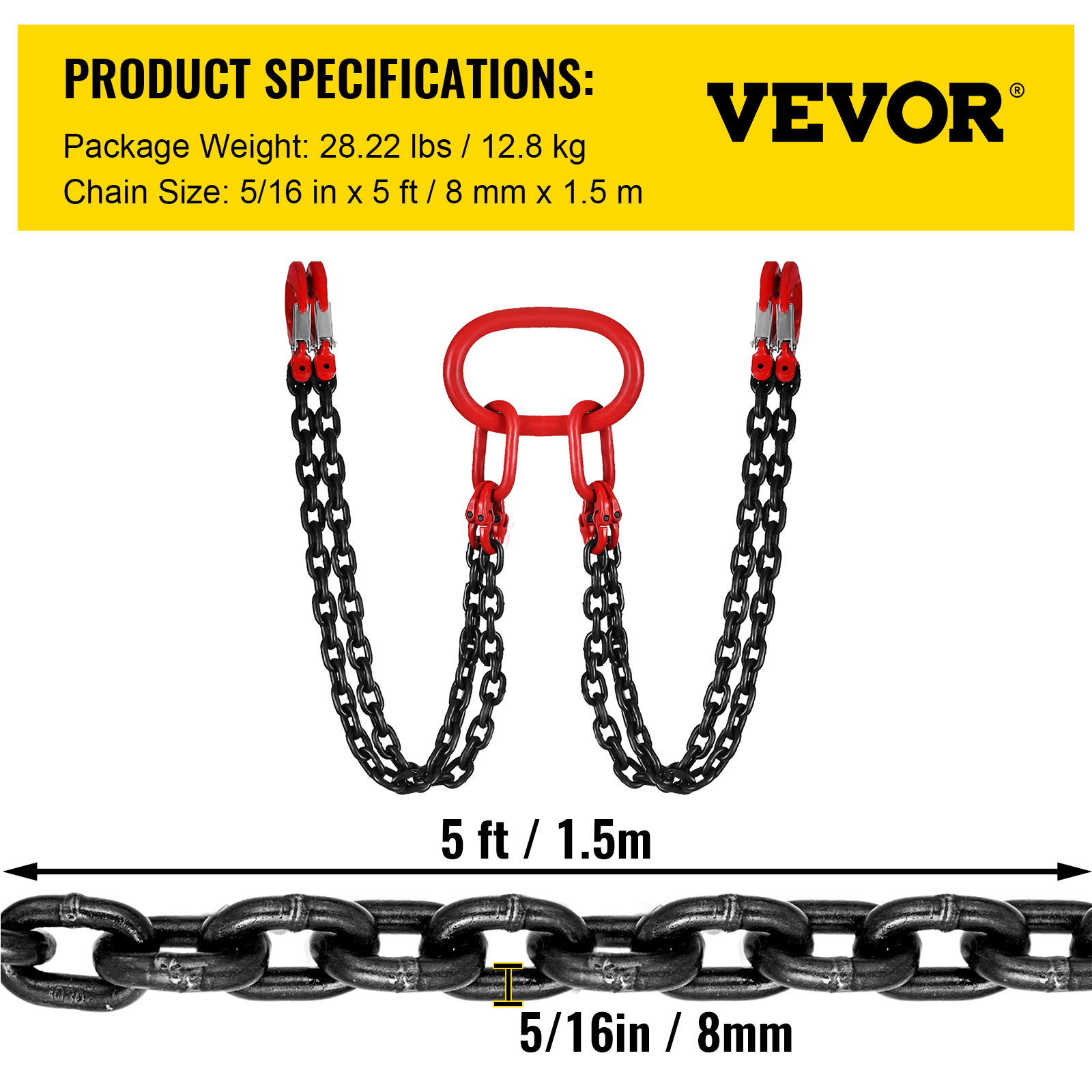 VEVOR 2m/3m/4m Lifting Chain Sling Heavy Duty w/4 Legs G80 8mm Steel ...