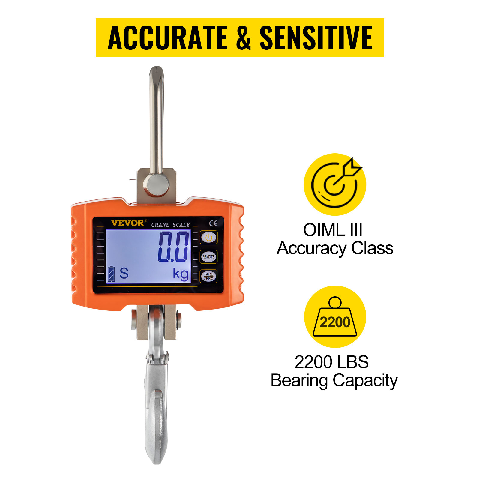 LCD Display with Backlight DCS-CD 2000lb / 1000 kg DB USA Digital Crane Scale Precision Compact Hanging Scale 