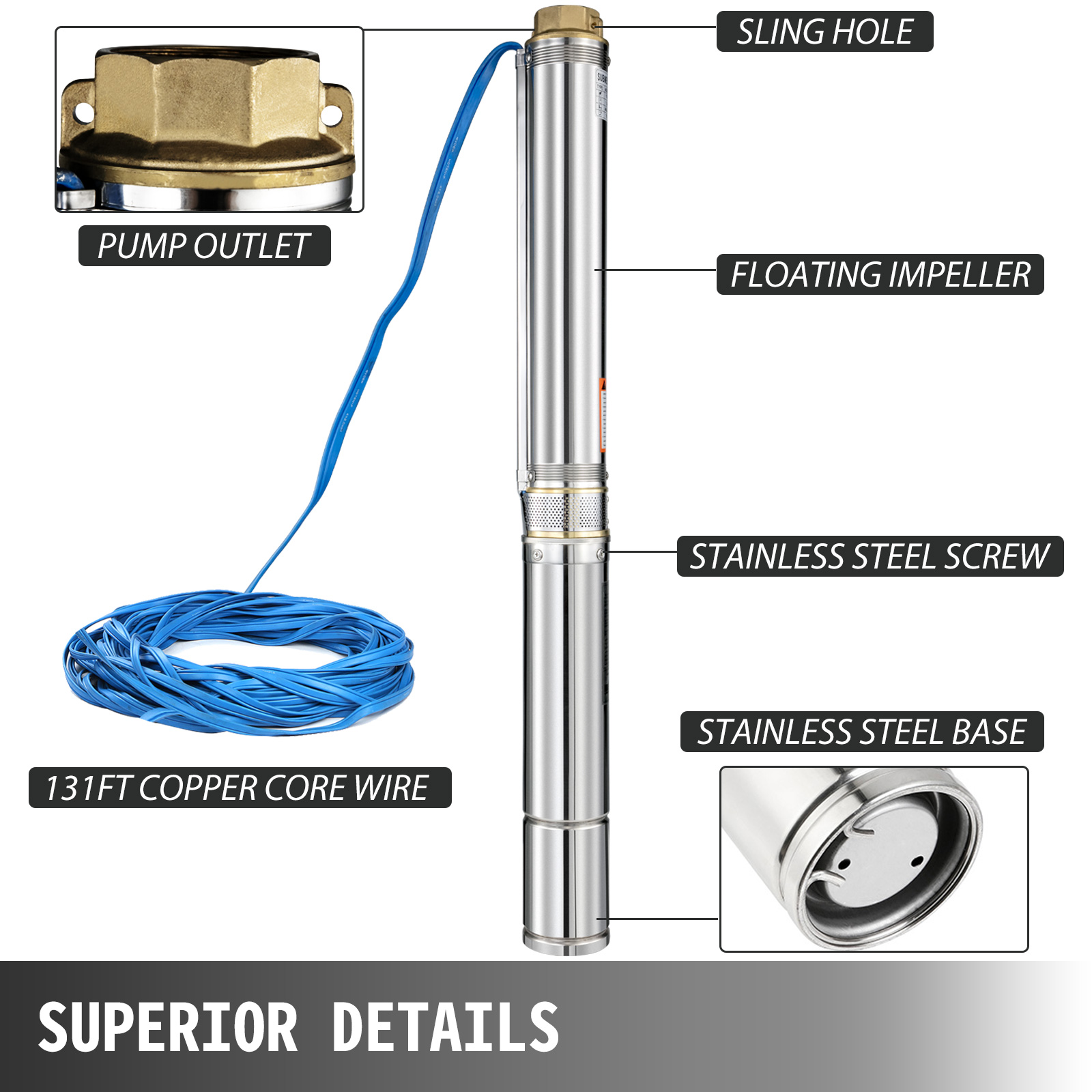 VEVOR 1.5HP Submersible Bore Water Pump 220V 4“ Deep Well Pump 40m ...