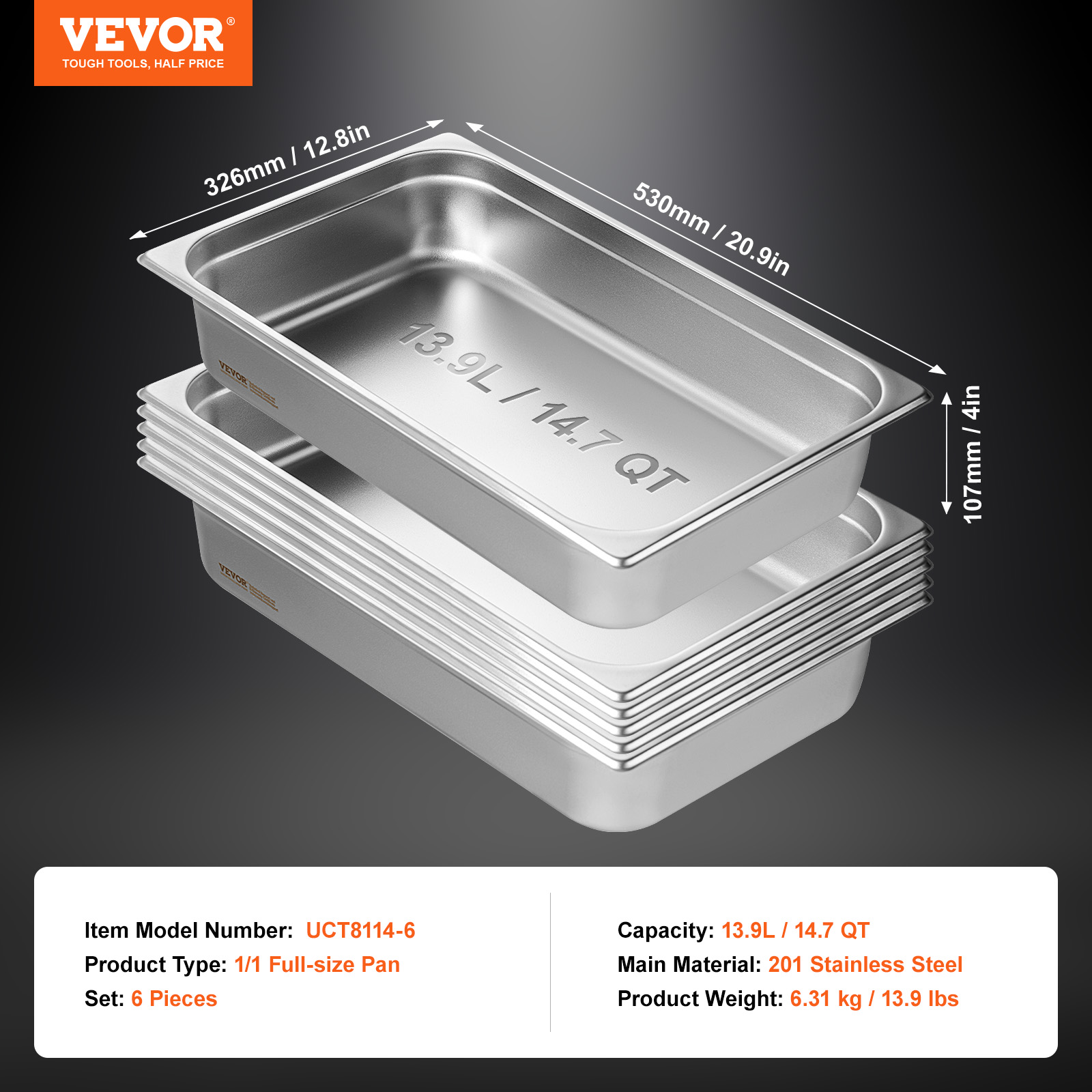 VEVOR 2"4"6" Steam Table Pans Hotel Food Prep Pan Stainless Steel Multi-Size