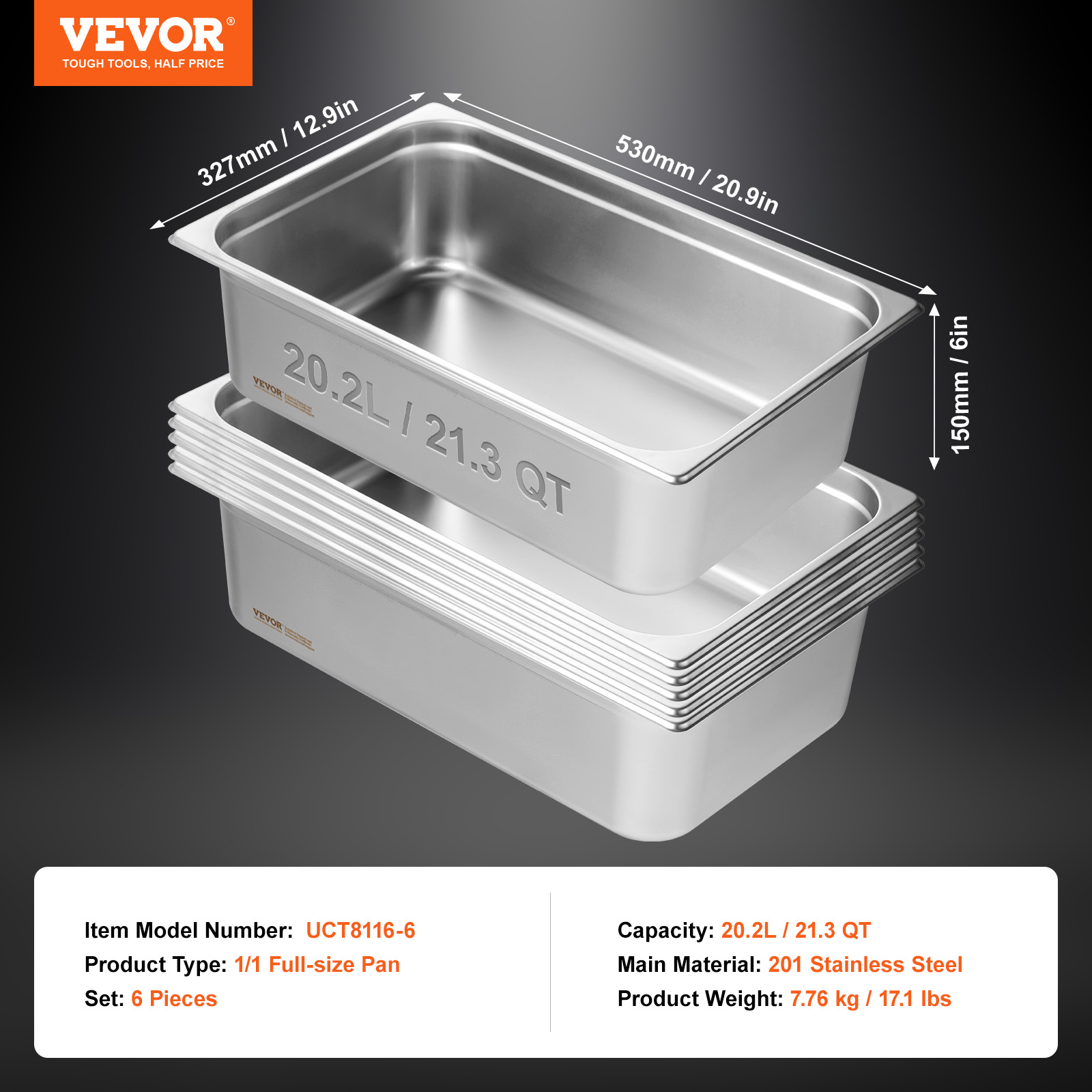 VEVOR 2"4"6" Steam Table Pans Hotel Food Prep Pan Stainless Steel Multi-Size