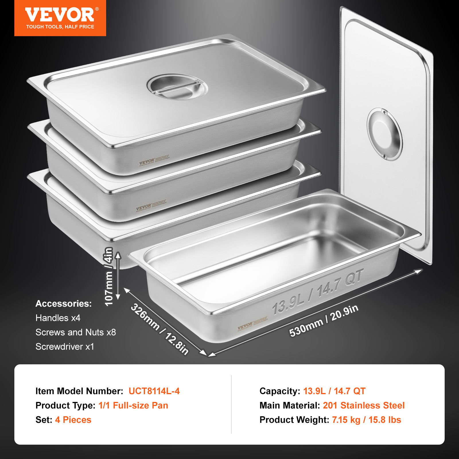 VEVOR 2"4"6" Steam Table Pans Hotel Food Prep Pan Stainless Steel Multi-Size