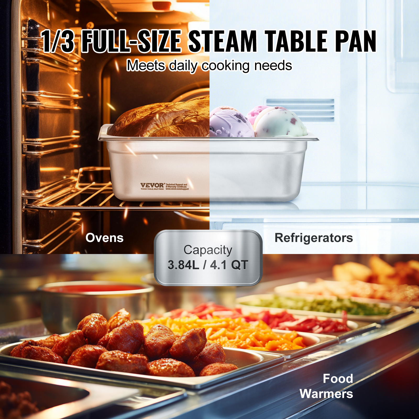 VEVOR 2"4"6" Steam Table Pans Hotel Food Prep Pan Stainless Steel Multi-Size