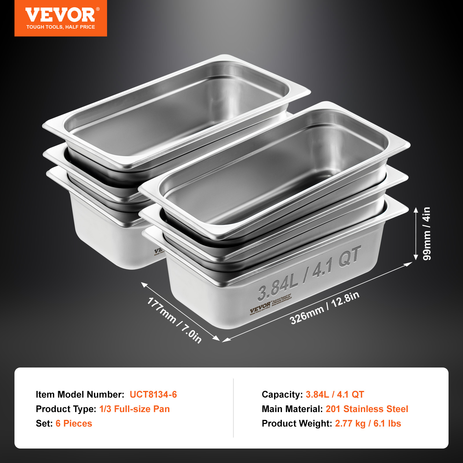 VEVOR 2"4"6" Steam Table Pans Hotel Food Prep Pan Stainless Steel Multi-Size