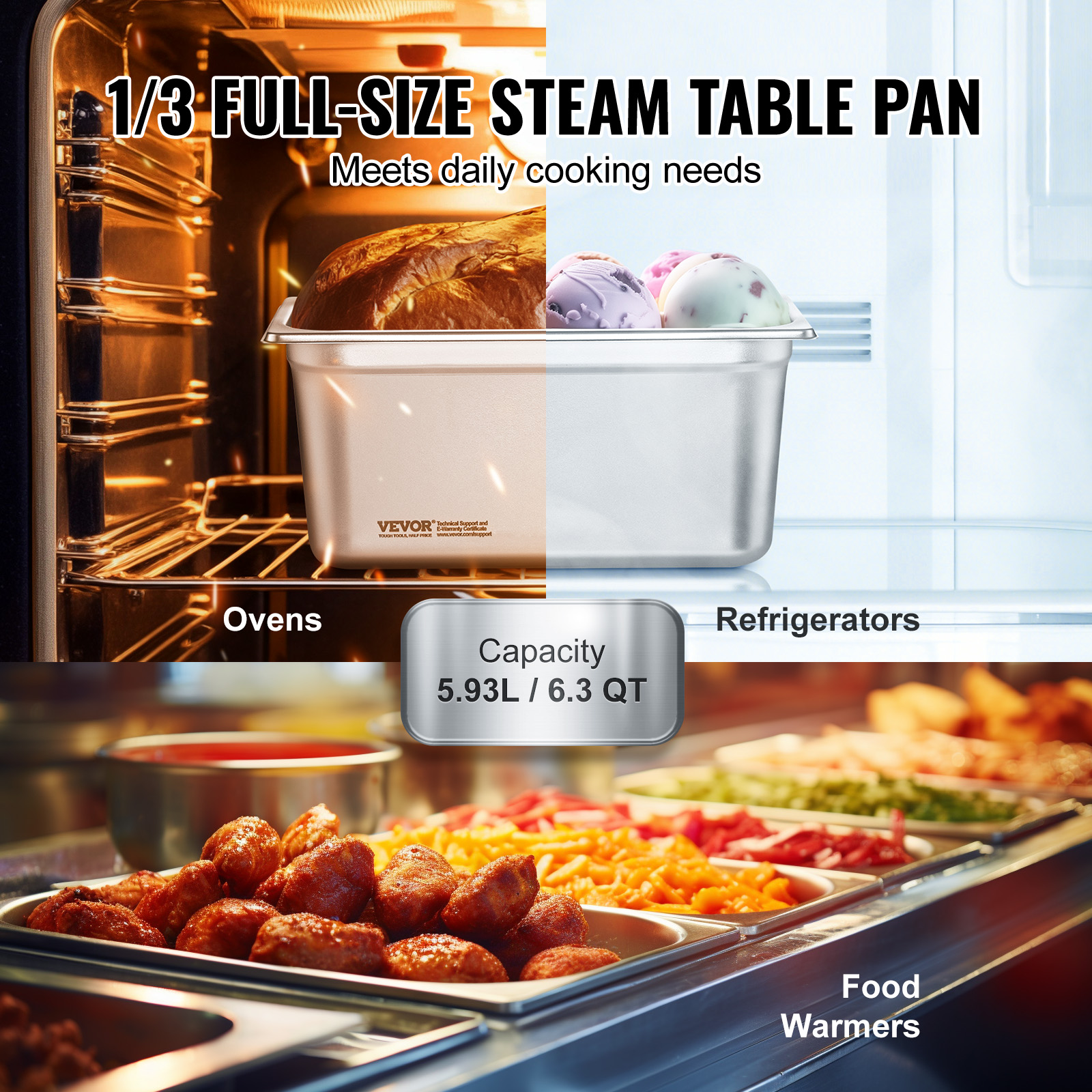 VEVOR 2"4"6" Steam Table Pans Hotel Food Prep Pan Stainless Steel Multi-Size