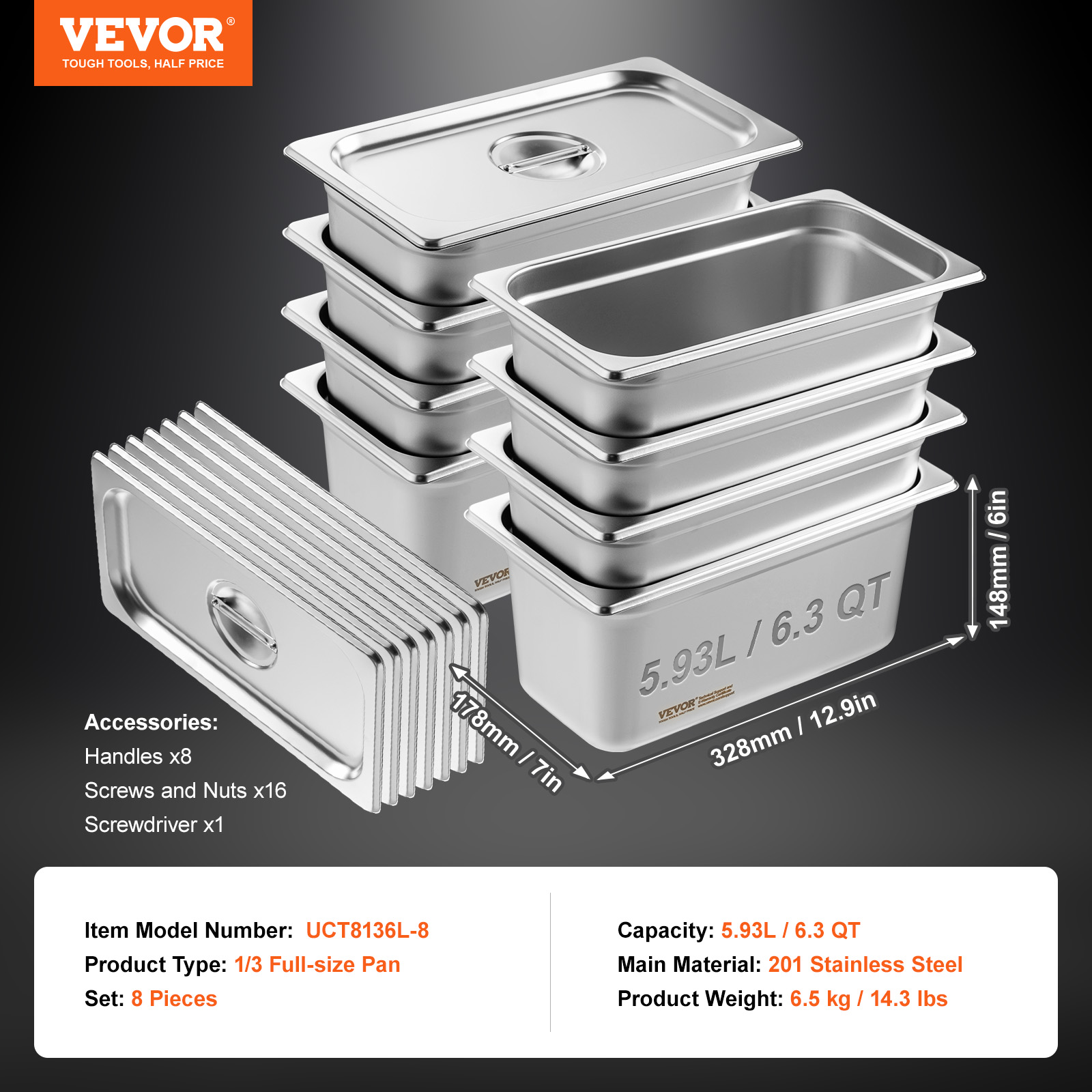 VEVOR 2"4"6" Steam Table Pans Hotel Food Prep Pan Stainless Steel Multi-Size