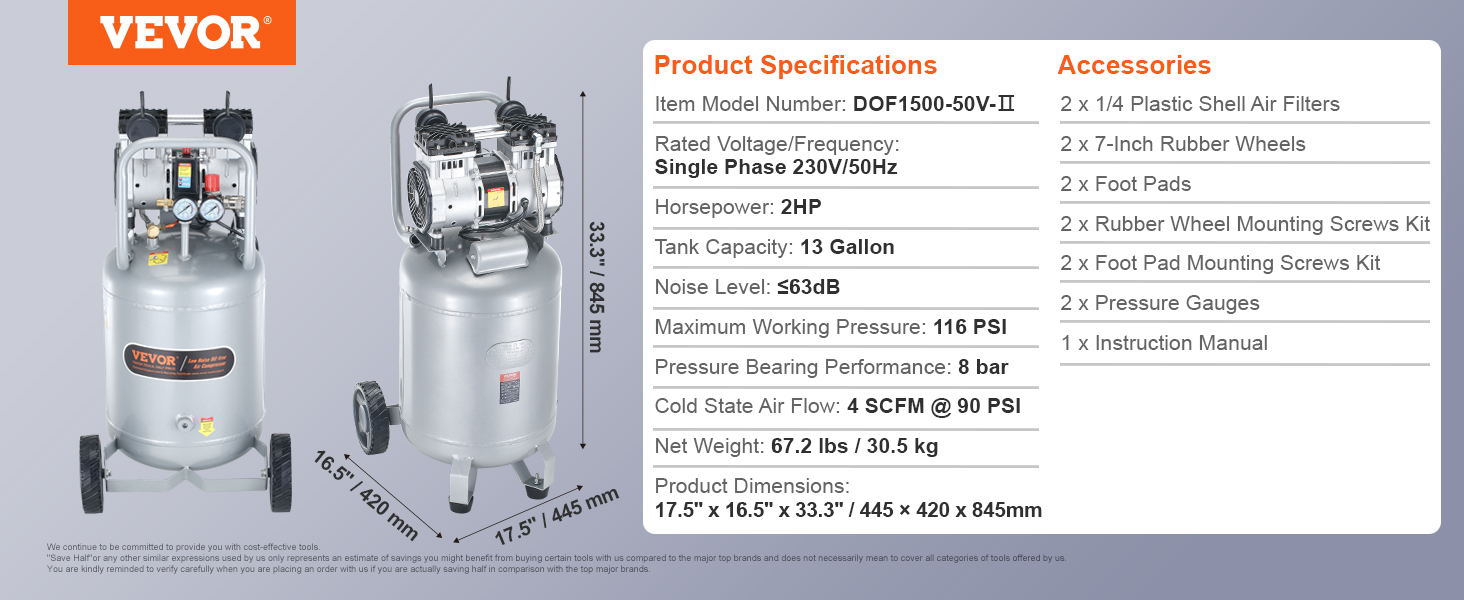 VEVOR VEVOR Compressore d'Aria Senza Olio 13 Galloni 49 L ca. Serbatoio  Compressore d'Aria 2 CV, Compressore d'Aria per Gonfiaggio Pneumatici  Riparazione Auto Verniciatura a Spruzzo Chiodatura Carpenteria