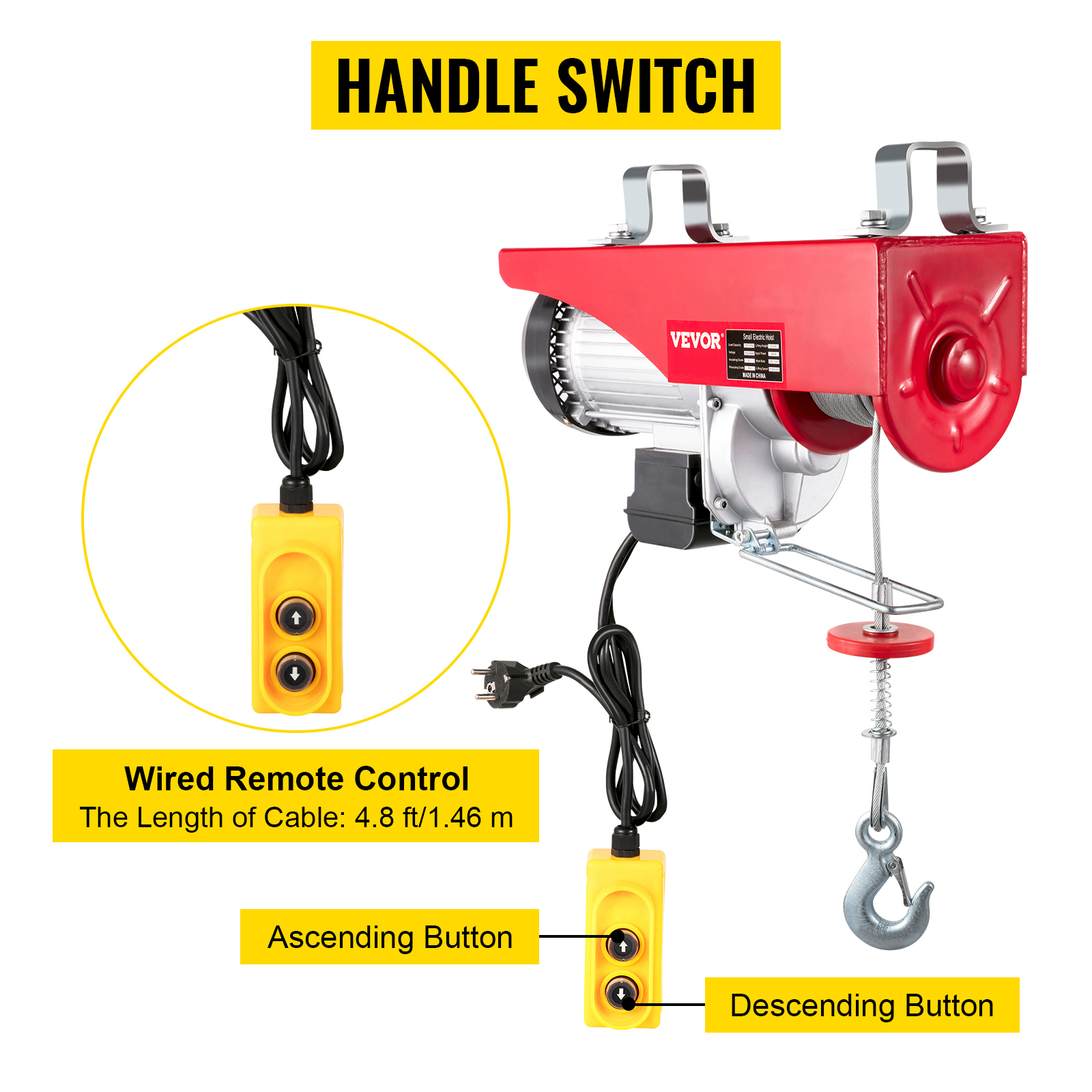 440-1760lbs Electric Cable Winch Lifting Hoist Crane w/ 39ft Rope 850W-1450W 