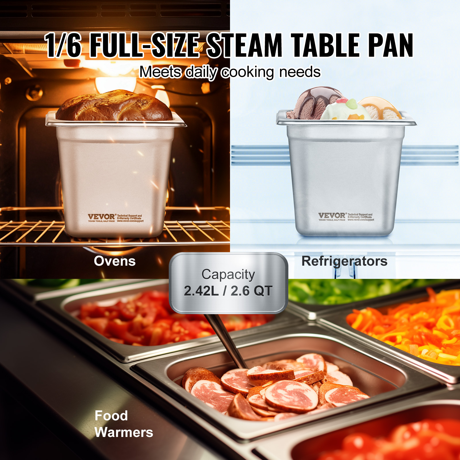 VEVOR 2"4"6" Steam Table Pans Hotel Food Prep Pan Stainless Steel Multi-Size