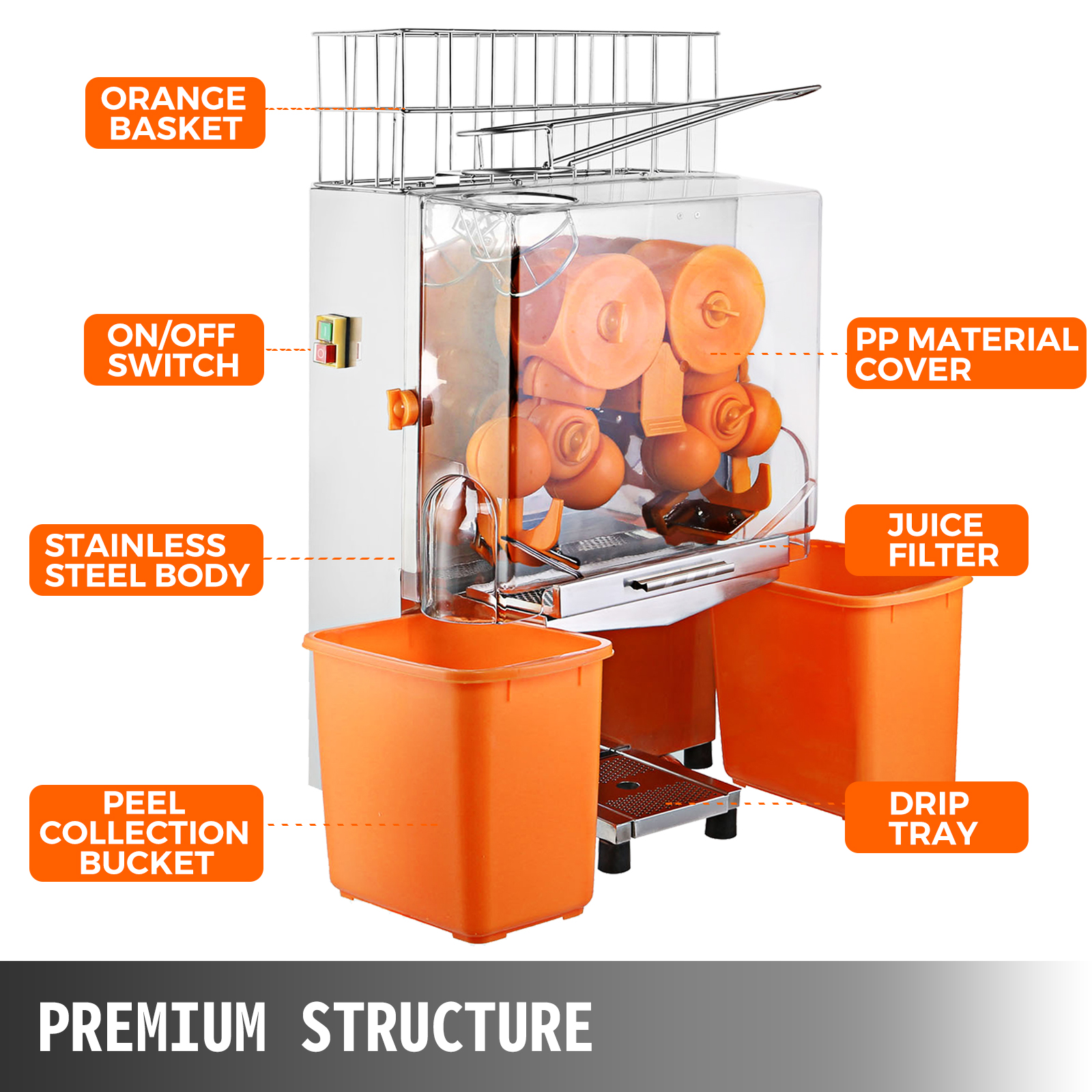 Exprimidor de naranjas eléctrico - naranja - alimentación manual - incl.  grifo de drenaje ajustable