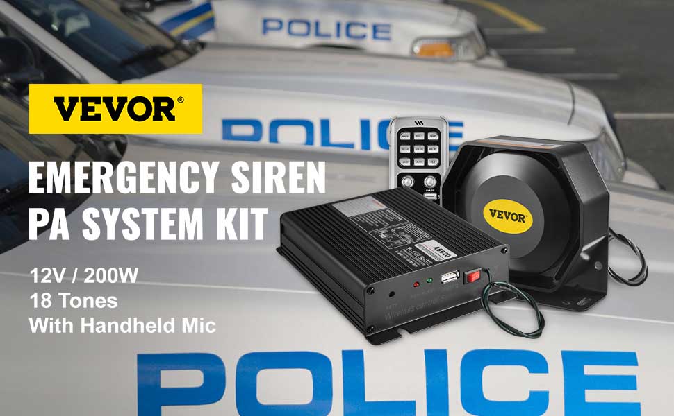 VEVOR 200W 18 Sound Loud Car and Truck Warning Alarm Police Siren Horn 18  Tones Fire Ambulance Emergency Electronic Siren Horn Kit PA MIC System  VEVOR US