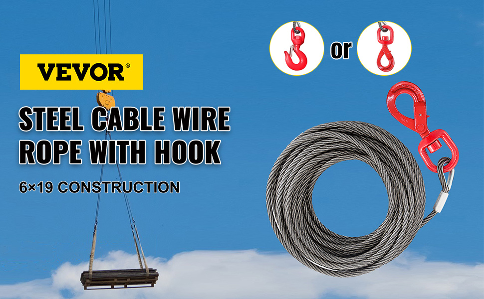 VEVOR Corde du Treuil Cable en Acier 10 mmx15 m Crochet Pivotant