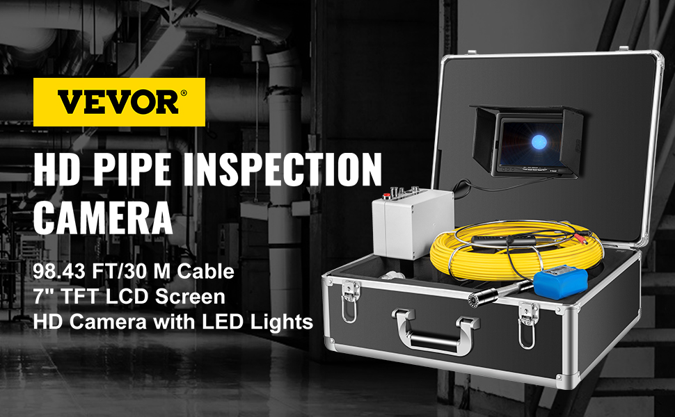 VEVOR 30m Cable Waterproof Pipe Inspection Camera 7" TFT Monitor 12led