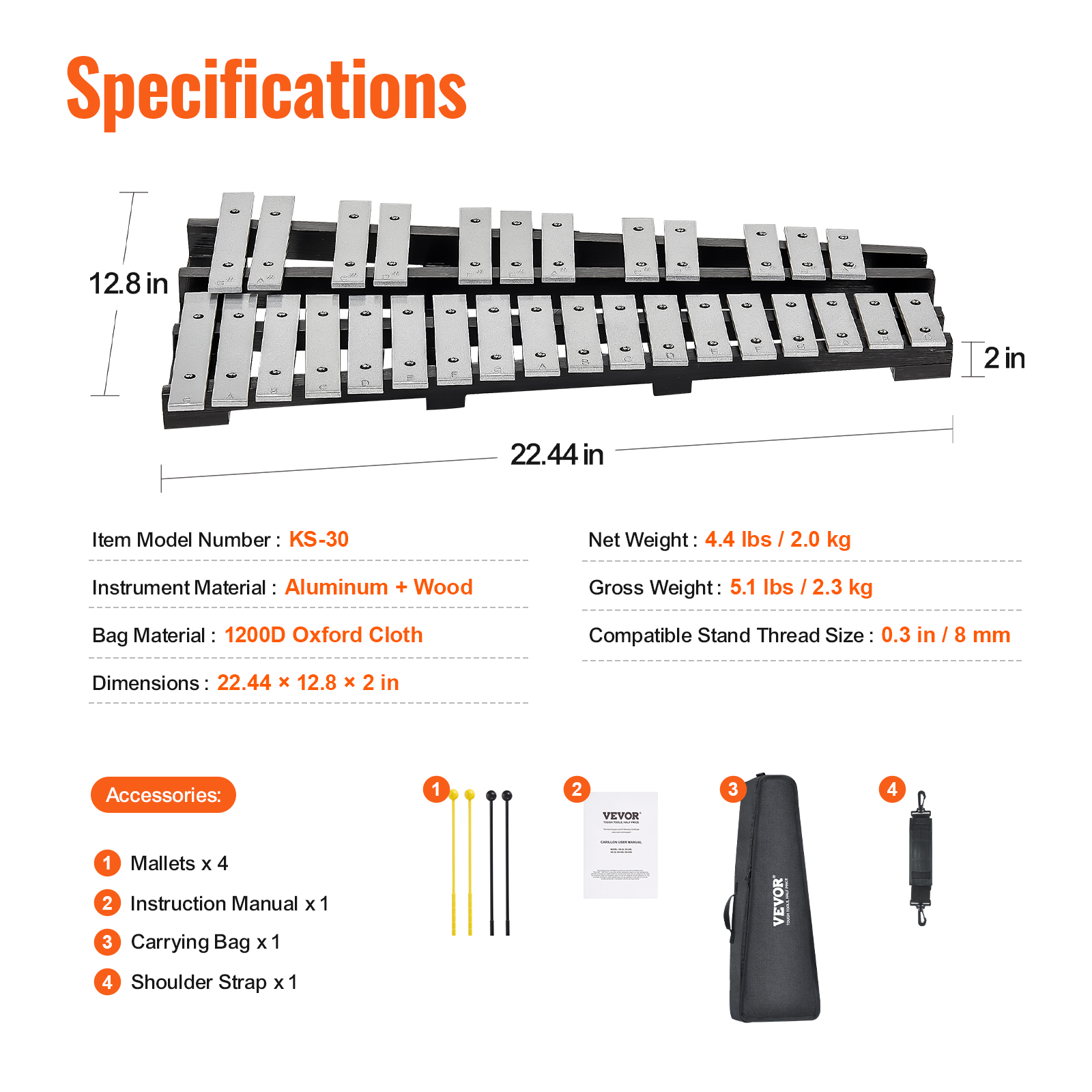 VEVOR 30 Note Glockenspiel Xylophone Bell Kit with Mallets, Drum Sticks and Bag - Picture 7 of 12