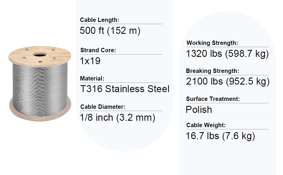 152M/500Ft câble métallique 316 acier inoxydable forte Tension