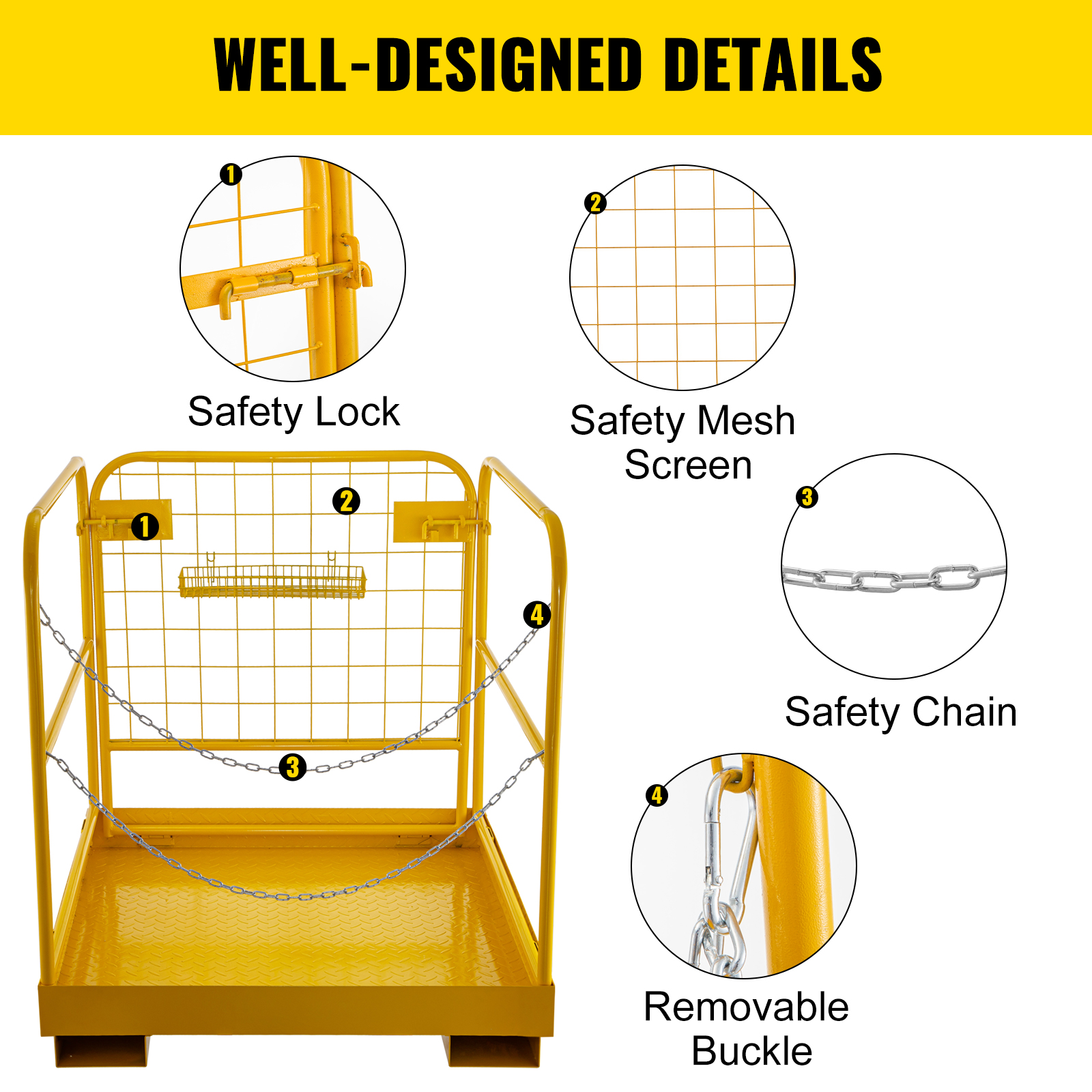 Younar Attachments Forklift Safety Cage Work Platform Heavy Duty Steel 36 x 36 Basket Aerial Lift Fence Rails with Safety Harness 
