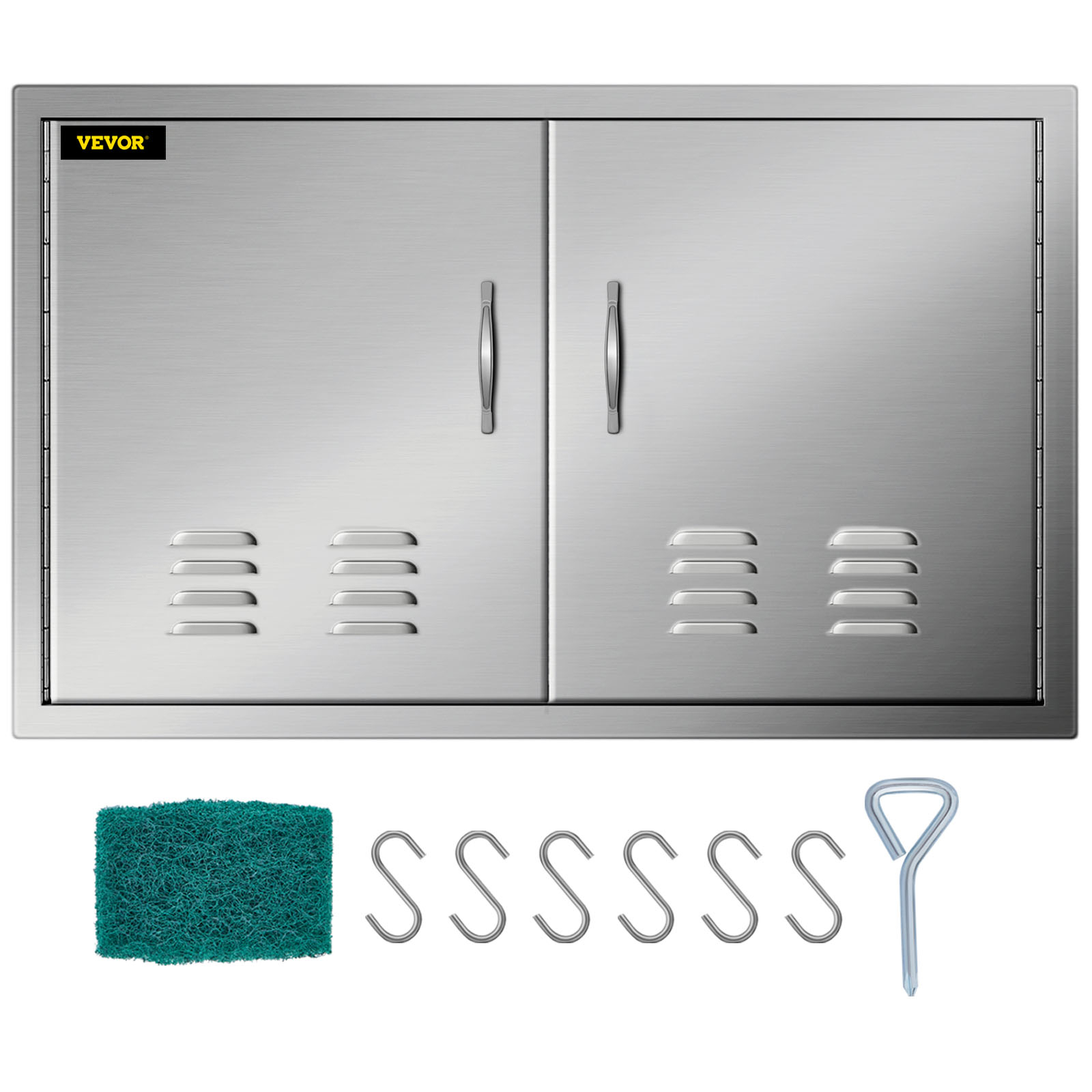 VEVOR bbq island door with dual stainless steel doors, venting slots, hooks, and scrub pad.