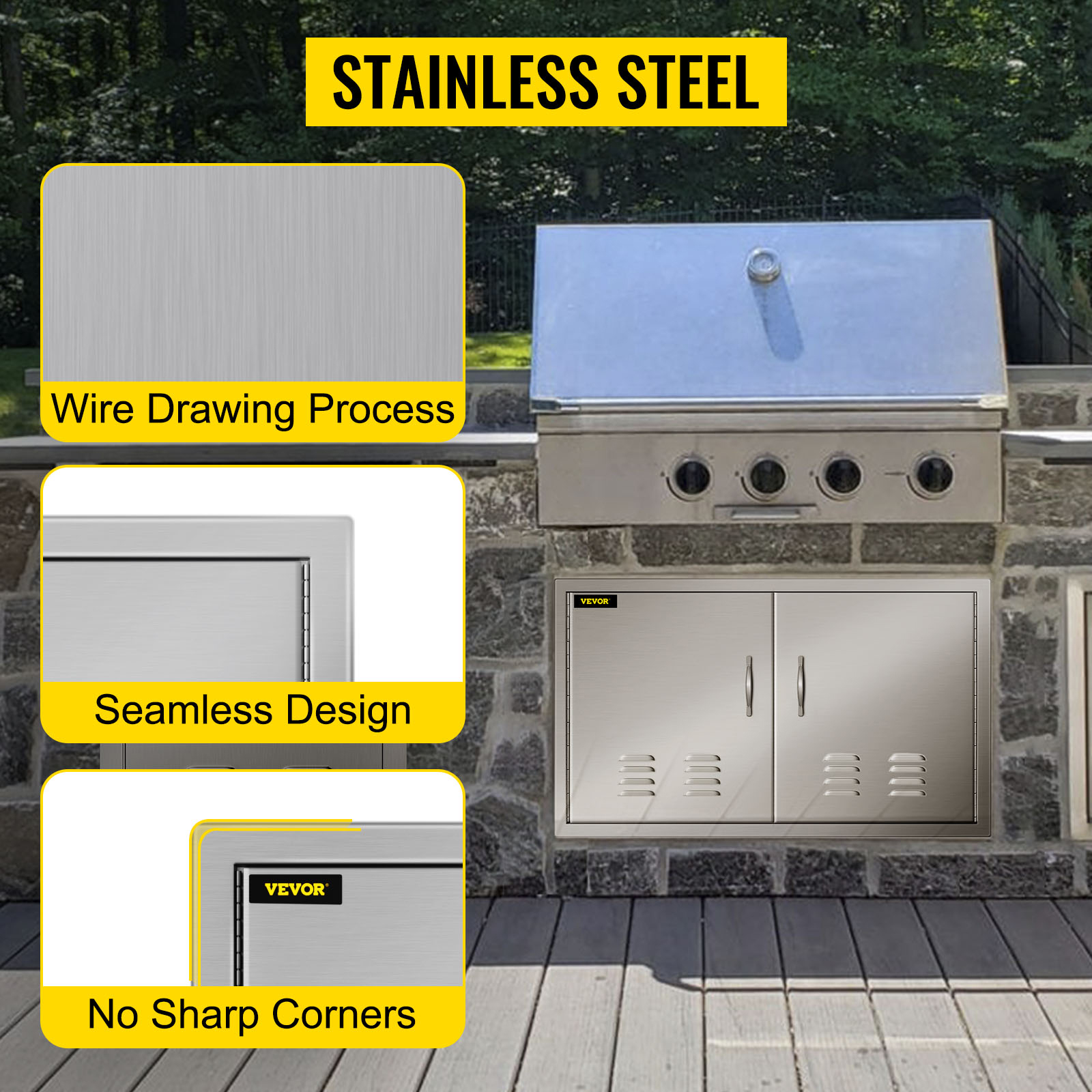 stainless steel bbq station with VEVOR bbq island door, wire drawing process, seamless design.