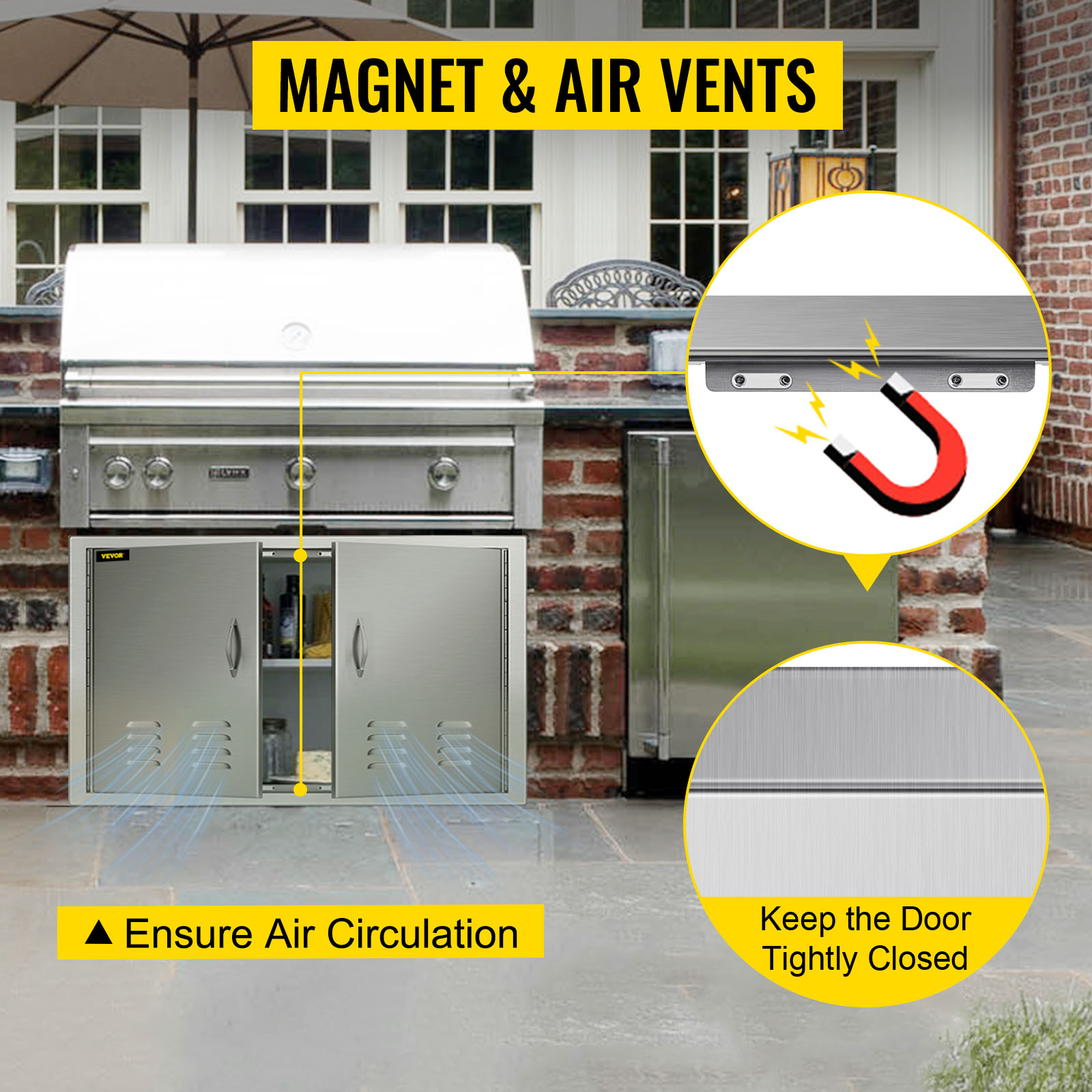 VEVOR bbq island door with magnet and air vents for air circulation.