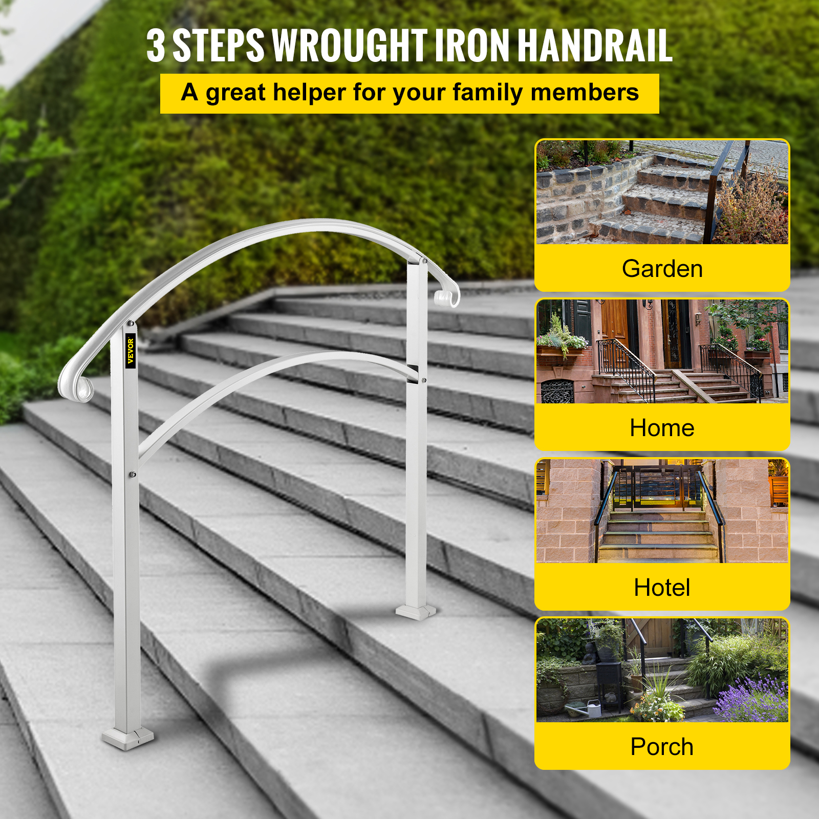 VEVOR Adjustable Iron Handrail 3ft Fit 2 to 3 Steps Stair Railing White Outdoor