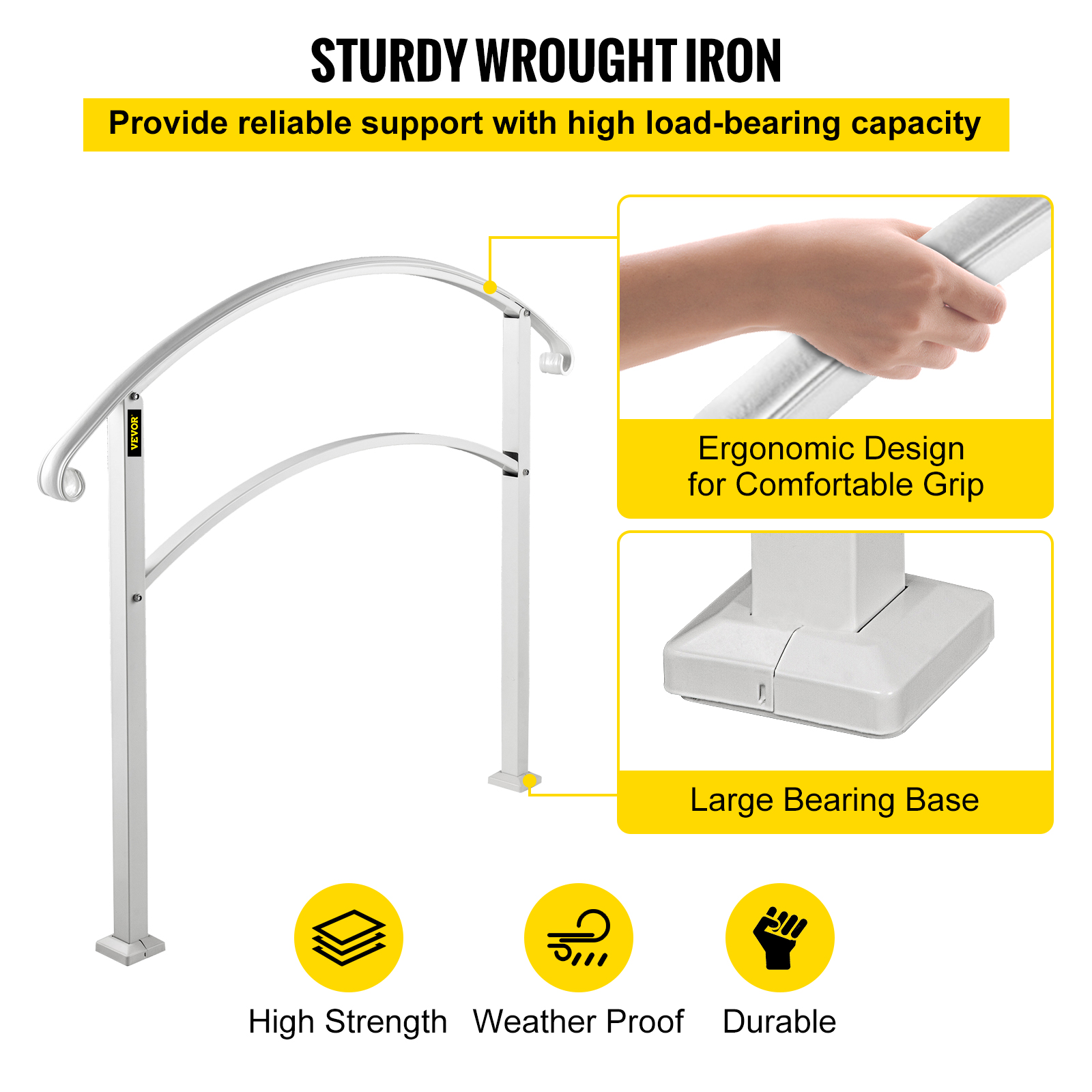 VEVOR Adjustable Iron Handrail 3ft Fit 2 to 3 Steps Stair Railing White Outdoor