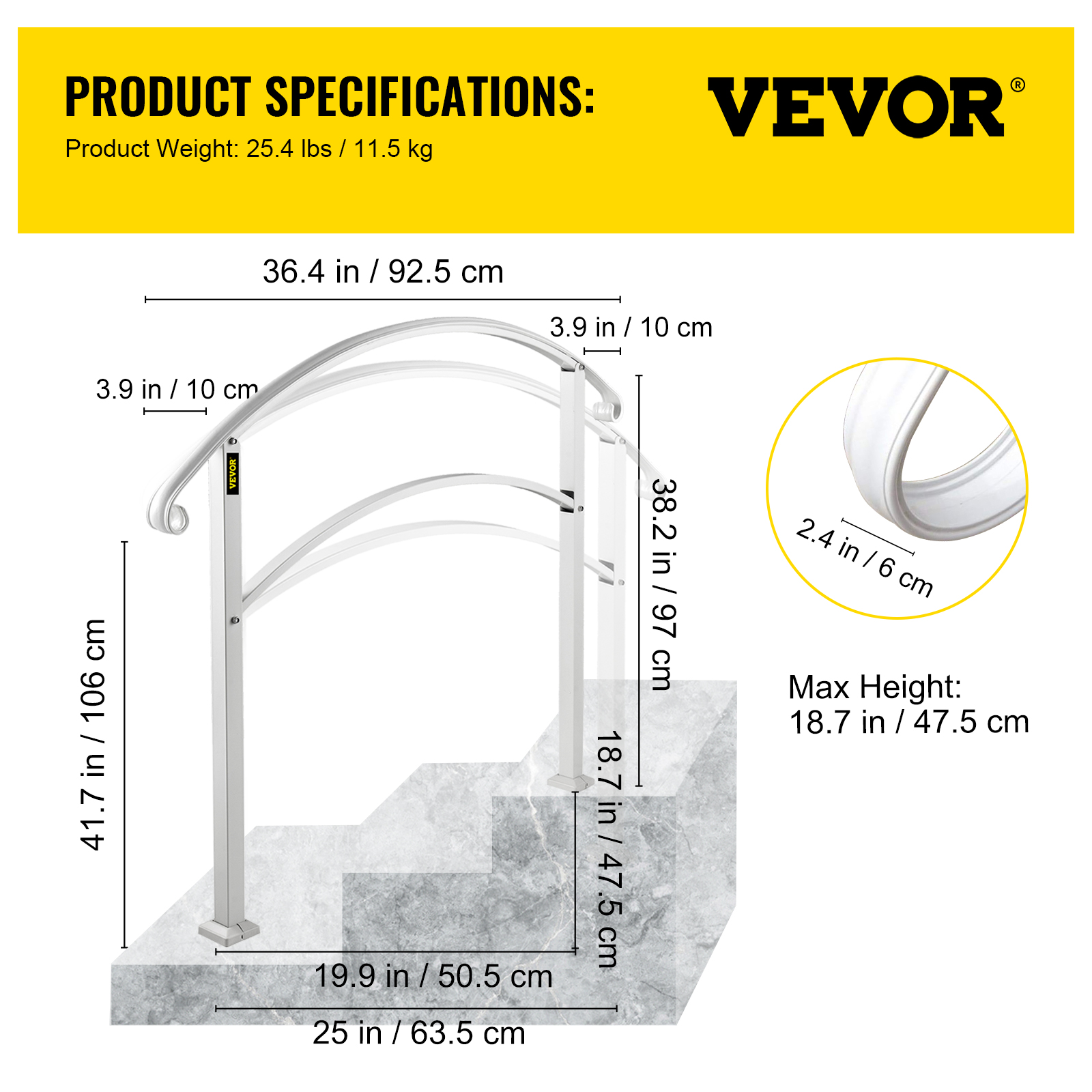 VEVOR Adjustable Iron Handrail 3ft Fit 2 to 3 Steps Stair Railing White Outdoor