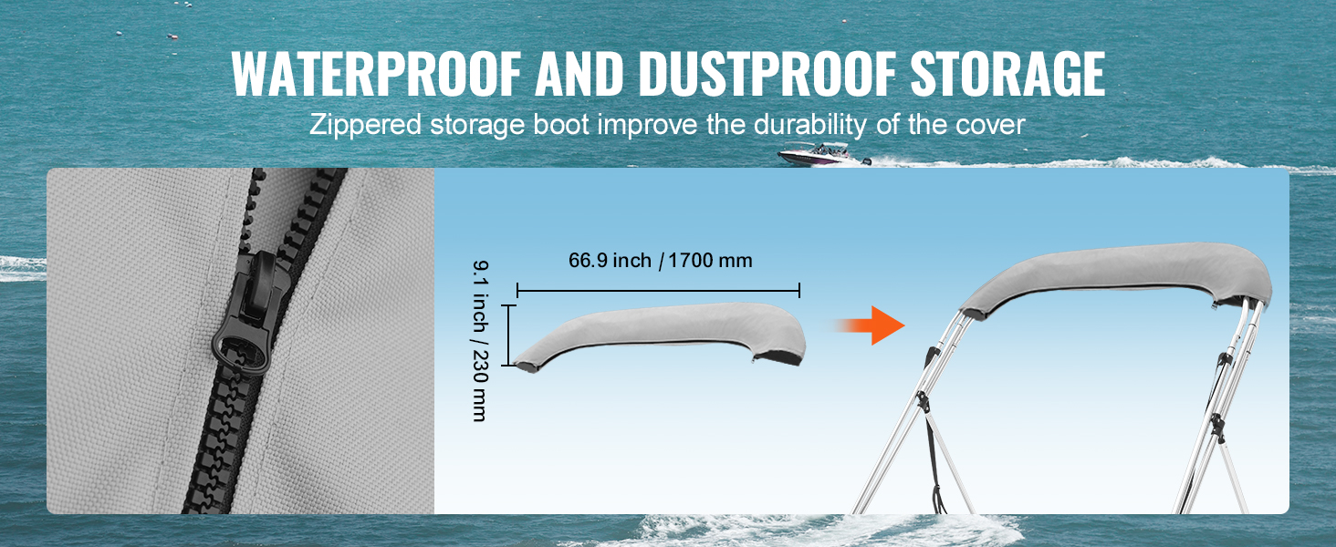 VEVOR 3 Arch Bimini felső csónaktakaró, 155-167 cm beépítési szélesség 900D poliészter ernyő alumínium ötvözet kerettel, vízálló és napvédő, tárolódobozt, 2 tartórudat világosszürke