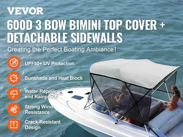 VEVOR 3-Bow Bimini Top Voor Boot Afneembare Mesh Zijwanden