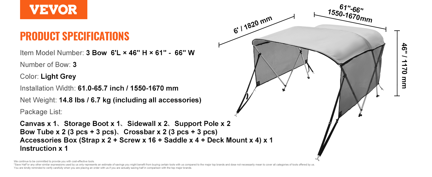 Oceansouth 3 Bow Bimini Top Boat Cover – 59-67 Inch Width, 4ft Long, Blue