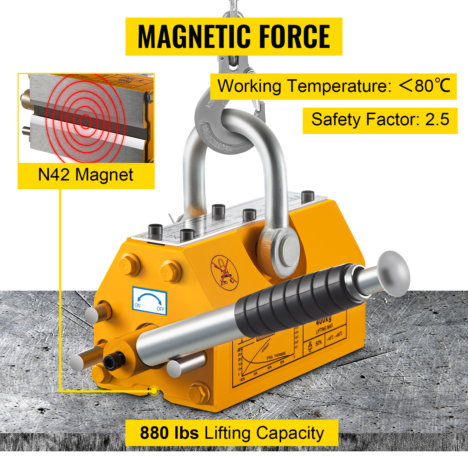 Magnetic Lifter Heavy Duty Crane Hoist Lifting Magnet 880lb 400 KG Steel 