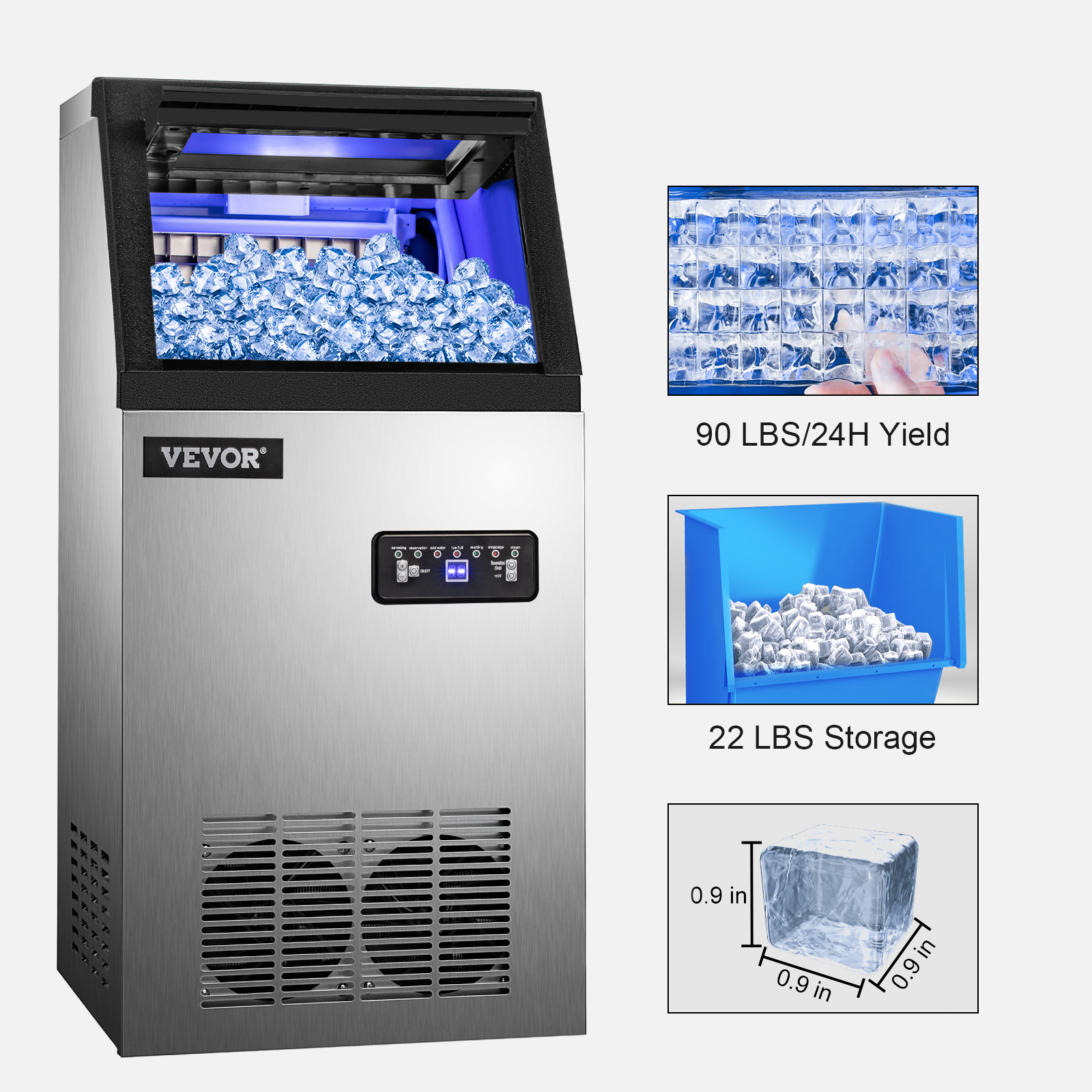 VEVORbrand Commercial Ice Maker 80 - 90 lbs/24H,Ice Machine with 33 lbs  Storage Bin, Clear Cube, Advanced LCD Panel, Auto Operation, Blue Light,  Fully