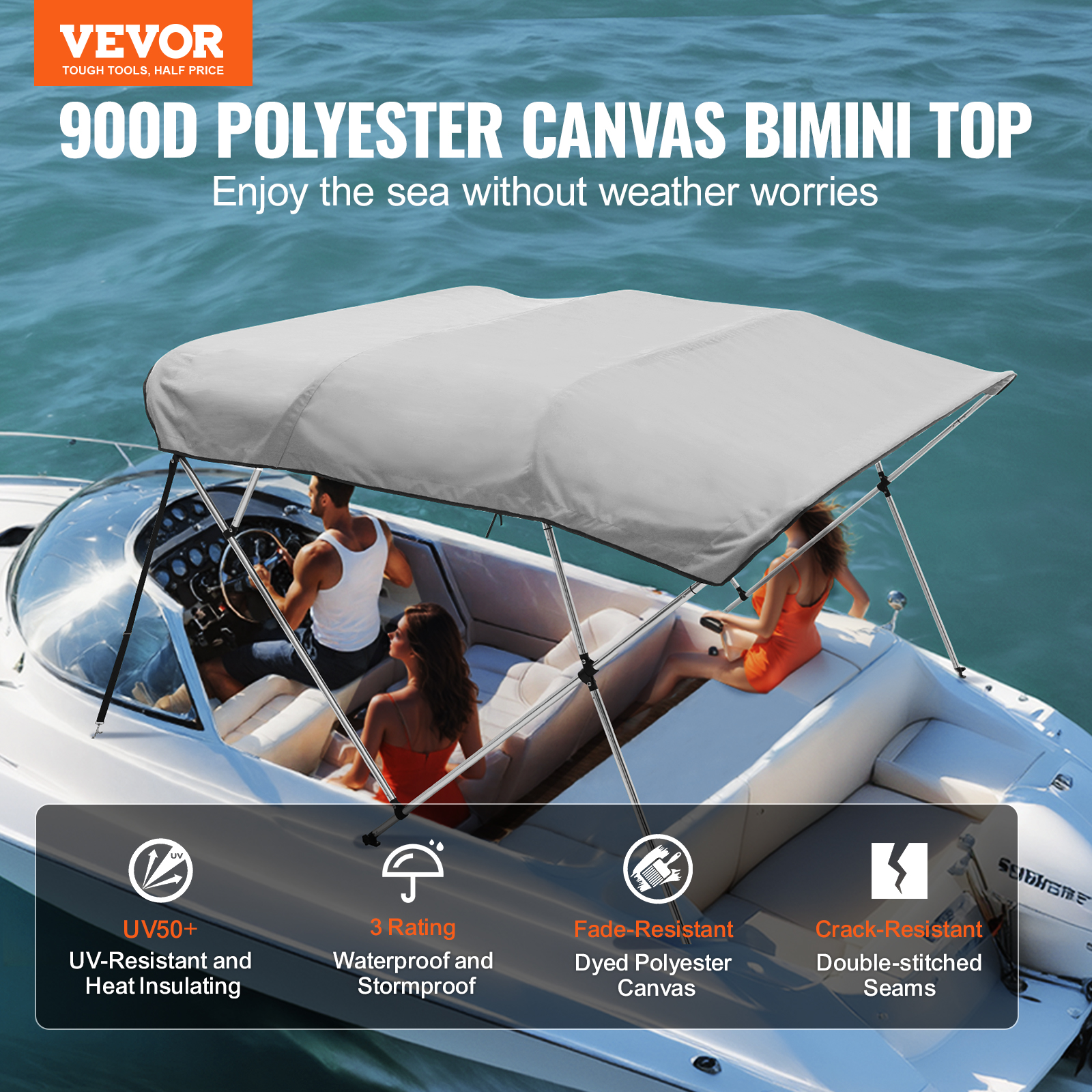Boat Bimini Top Cover Canopy Replacement Marine Grade Waterproof 4 Bow Bimini Top Sun Shade Canvas with Light Hole and Storage Boot, 2 Colors Grey/Blu Boat Bimini Top Canopy, 4 Bow, Fits 210cm - 250cm Width.