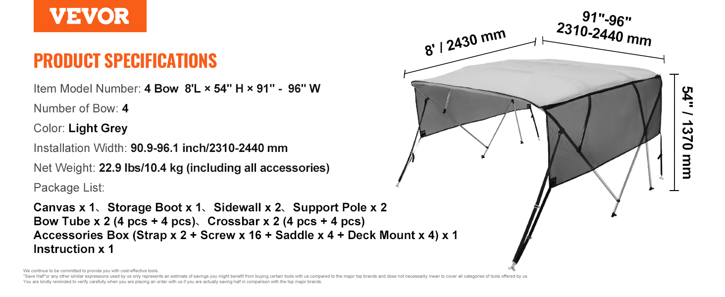 VEVOR 4 Bow Bimini Top Boat Cover – 85-90"W X 8'L, Light Grey, 600D With Aluminum Frame