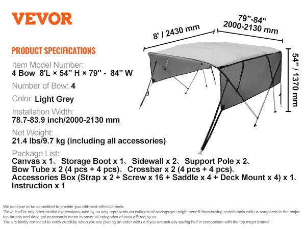 Oceansouth 4-Bow Bimini Top Boat Cover - Blue - 79-84" Wide X 8' Long With Rear Poles