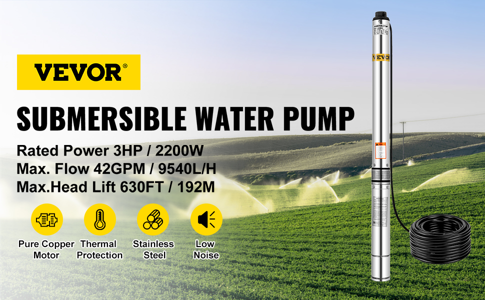 VEVOR Well Pump 1 HP Submersible Well Pump 33GPM Deep Well Pump 207ft Head with 9.8ft Cable Water Well Pumps Submersible Stainless Steel for Factories Irrigation Use Farmland 