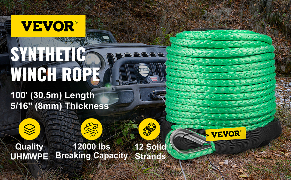 VEVOR Green Synthetic Winch Line 5/16 Inch X100FT Synthetic Winch
