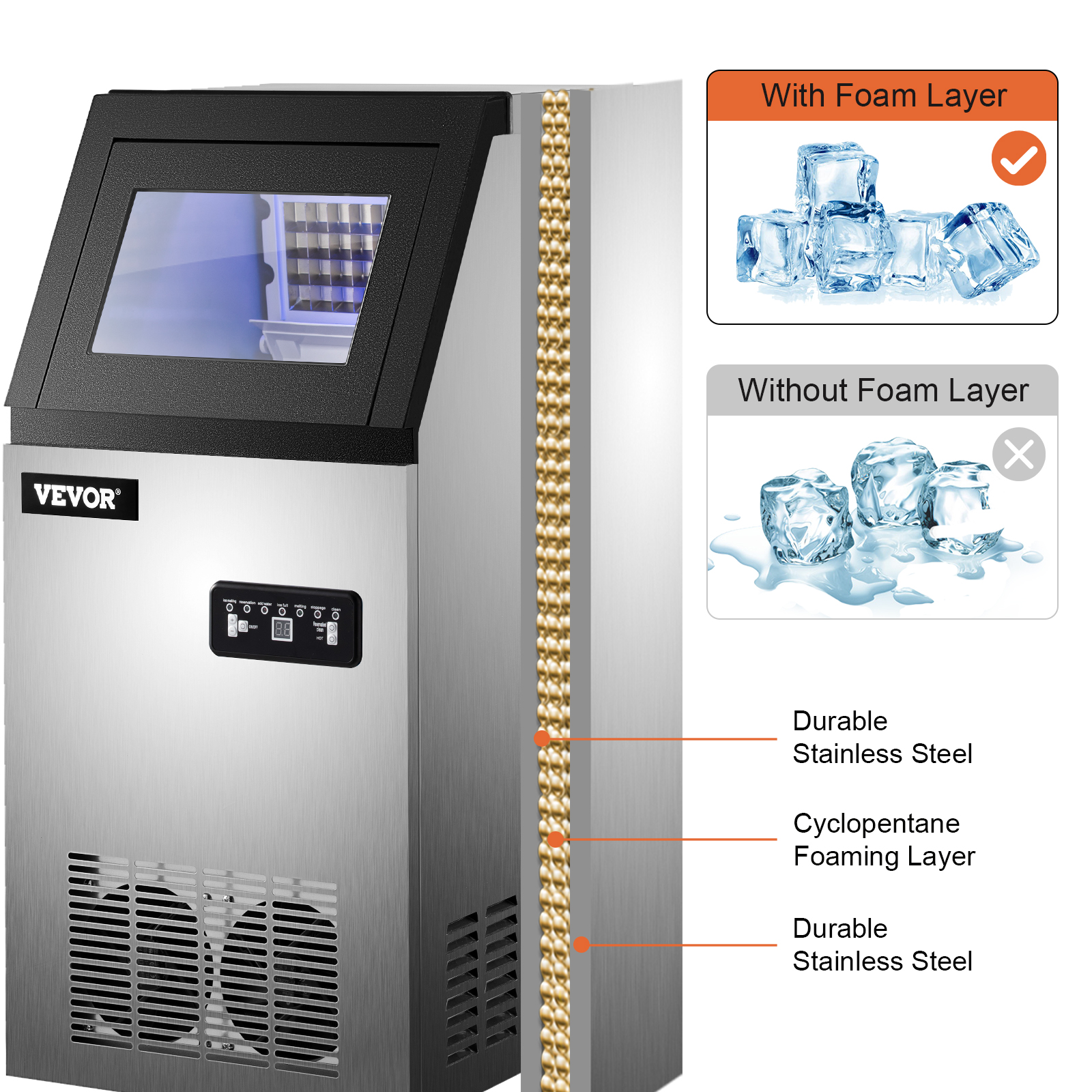 VEVOR 110V Commercial ice Maker Machine 155LBS/24H with 39LBS Bin and  Electric Water Drain Pump, Stainless Steel Ice Machine, Auto Operation,  Include Water Filter 2 Scoops and Connection Hose